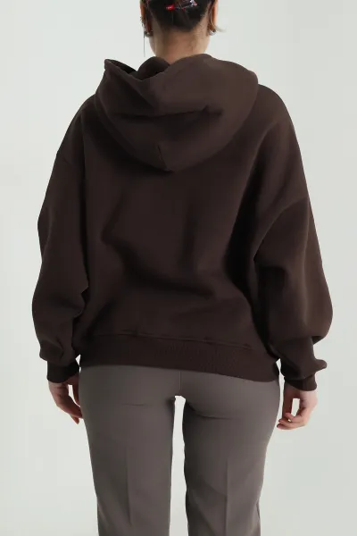 Kahverengi Şardonlu Kapşonlu Oversize Üç İp Kadın Sweat 493828