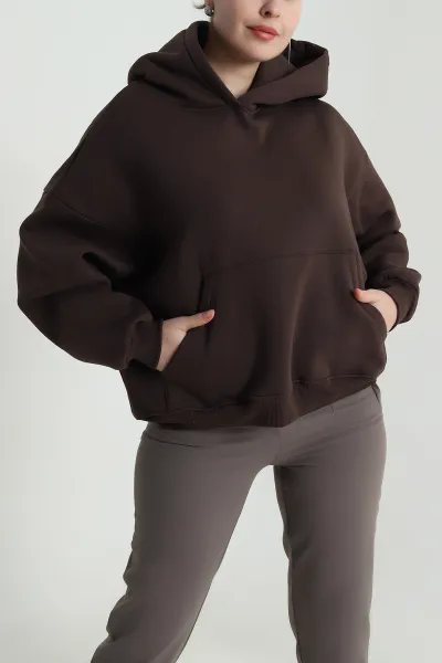 Kahverengi Şardonlu Kapşonlu Oversize Üç İp Kadın Sweat 493828