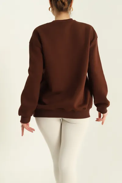 Kahverengi Şardonlu Leopar Desenli Üç İp Bayan Sweat 331741