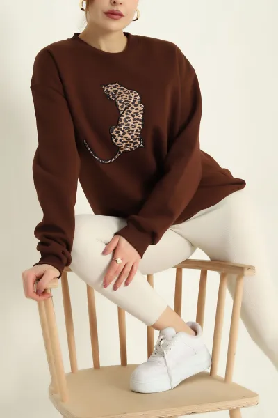 Kahverengi Şardonlu Leopar Desenli Üç İp Bayan Sweat 331741