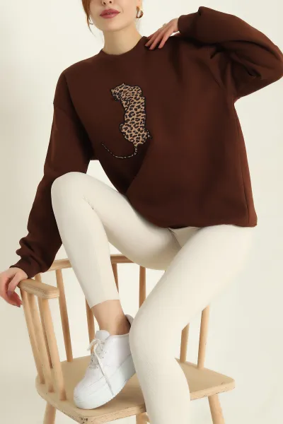 Kahverengi Şardonlu Leopar Desenli Üç İp Bayan Sweat 331741