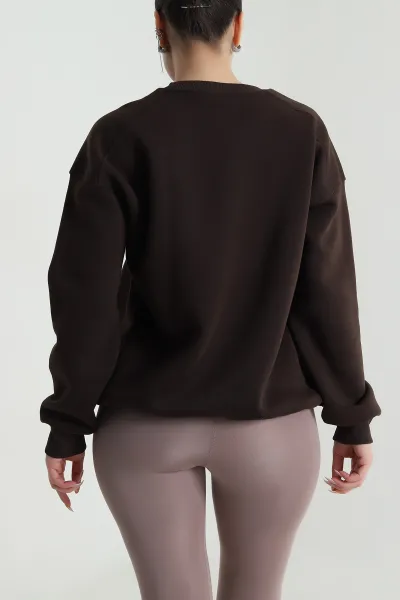 Kahverengi Şardonlu Nakışlı Kadın Fermuarsız Sweat 492206