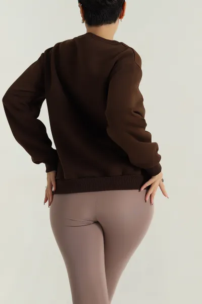 Kahverengi Şardonlu Nakışlı Üç İp Kadın Sweat 391621
