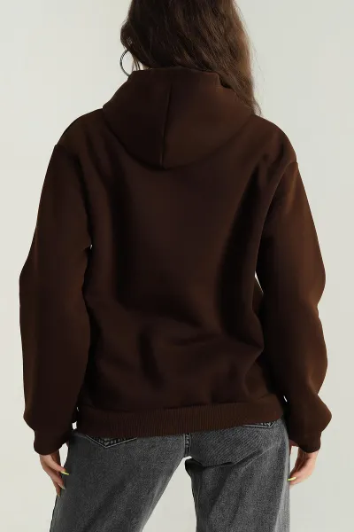 Kahverengi Şardonlu Nakışlı Üç İp Kadın Sweat 394810
