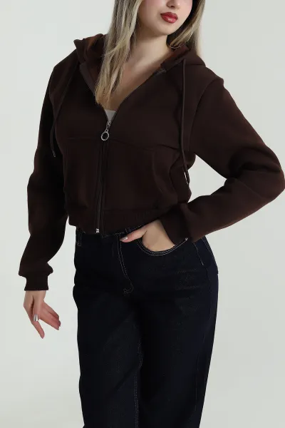 Kahverengi Şardonlu Üç İp Fermuarlı Kadın Sweat 488384