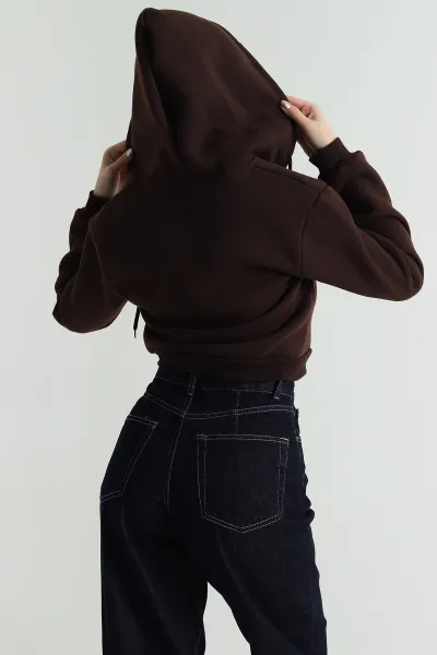 Kahverengi Şardonlu Üç İp Fermuarlı Kadın Sweat 488384
