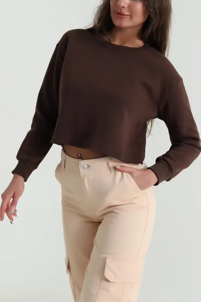 Kahverengi Şardonlu Üç İp Kadın Crop Sweat 484588