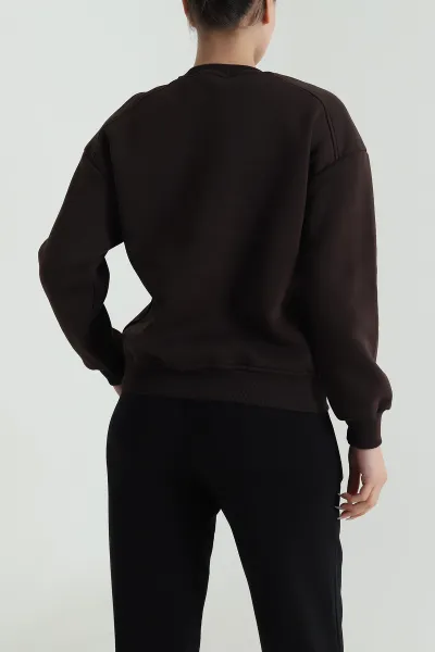 Kahverengi Şardonlu Üç İp Kadın Fermuarsız Sweat 487104