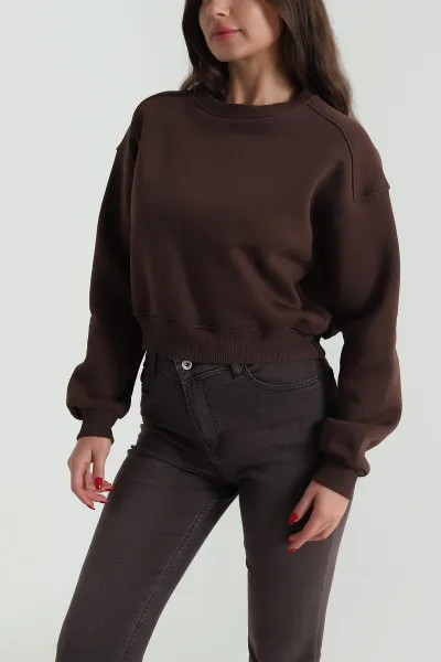 Kahverengi Şardonlu Üç İp Kadın Fermuarsız Sweat 489839