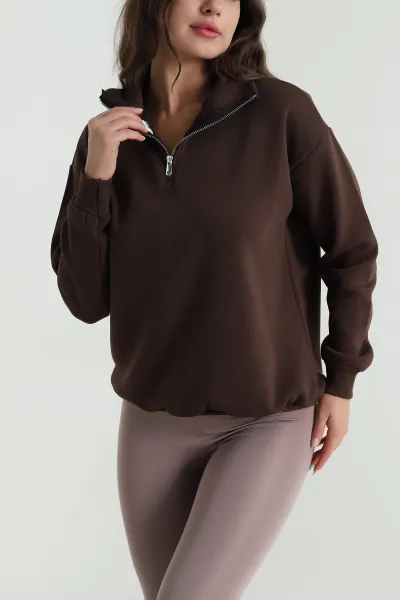 Kahverengi Şardonlu Üç İp Kadın Sweat 484594