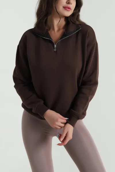 Kahverengi Şardonlu Üç İp Kadın Sweat 484594