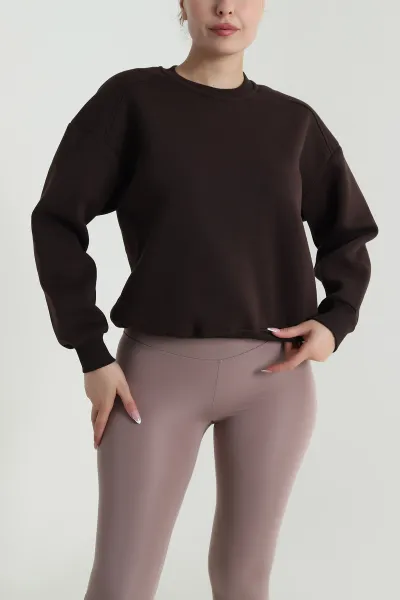 Kahverengi Şardonlu Üç İp Kadın Sweat 485102