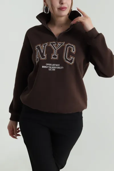 Kahverengi Şardonlu Üç İp Kadın Sweat 487148