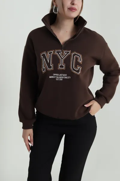 Kahverengi Şardonlu Üç İp Kadın Sweat 487148