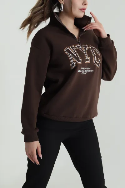Kahverengi Şardonlu Üç İp Kadın Sweat 487148