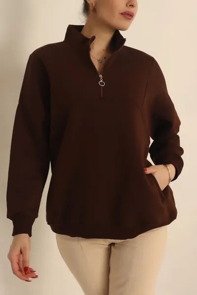Kahverengi Şardonlu Yarım Fermuar Oversize Sweat 229542