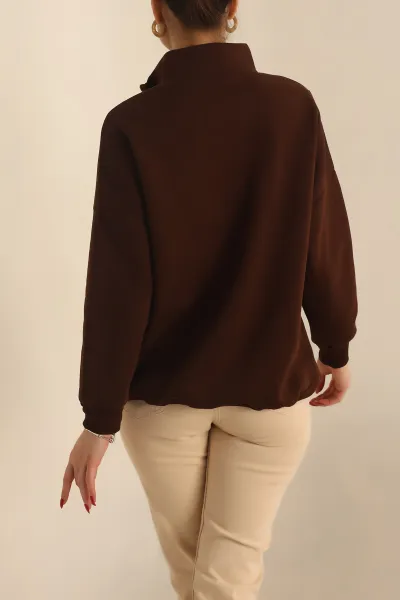 Kahverengi Şardonlu Yarım Fermuar Oversize Sweat 229542
