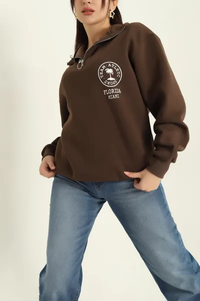 Kahverengi Şardonlu Yarım Fermuarlı Bayan Sweat 326427