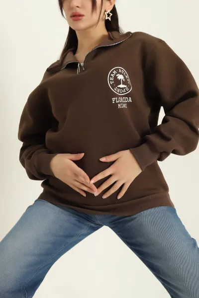 Kahverengi Şardonlu Yarım Fermuarlı Bayan Sweat 326427