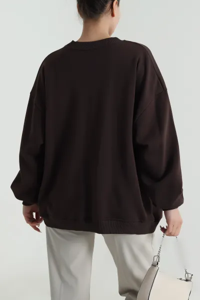 Kahverengi Şardonsuz Salaş Üç İp Kadın Sweat 487485