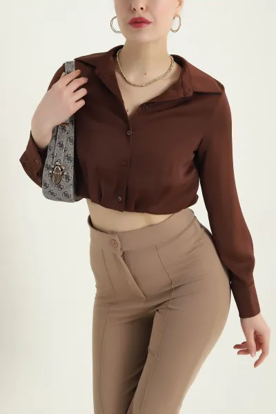 Kahverengi Saten Crop Kadın Gömlek 433425