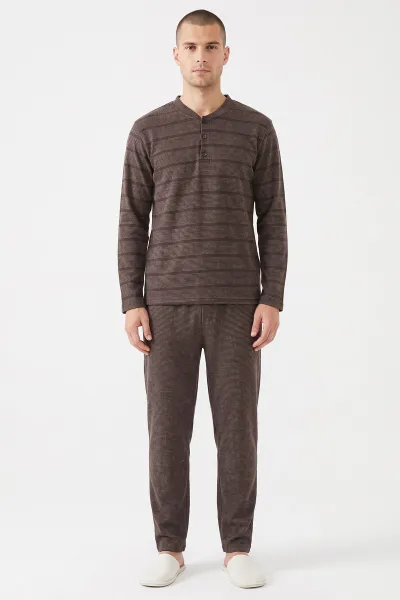 Kahverengi Selanik Düğme Detaylı Uzun Kollu Erkek Pijama Takımı 495428