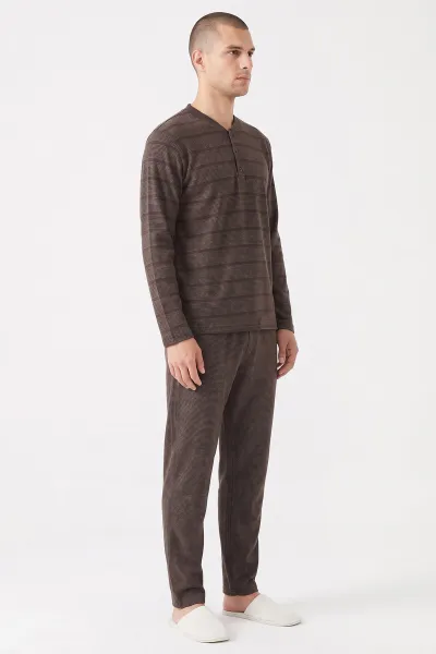 Kahverengi Selanik Düğme Detaylı Uzun Kollu Erkek Pijama Takımı 495428