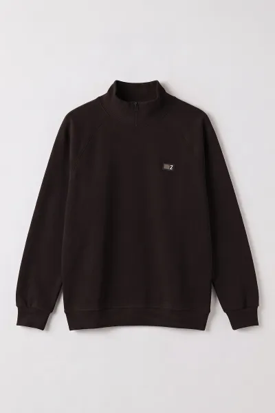 Kahverengi Selanik Yarım Fermuarlı Boğazlı Erkek Sweat 497734
