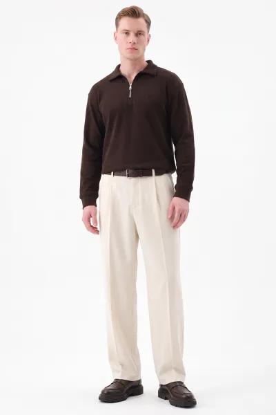 Kahverengi Selanik Yarım Fermuarlı Polo Yaka Erkek Sweatshirt 494486