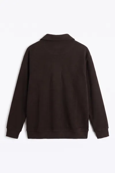 Kahverengi Selanik Yarım Fermuarlı Polo Yaka Erkek Sweatshirt 494486
