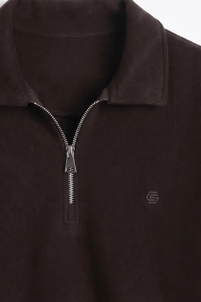 Kahverengi Selanik Yarım Fermuarlı Polo Yaka Erkek Sweatshirt 494486