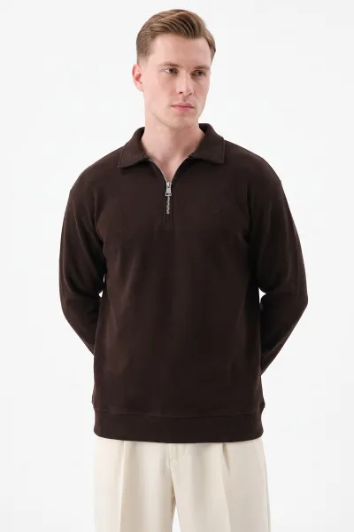 Kahverengi Selanik Yarım Fermuarlı Polo Yaka Erkek Sweatshirt 494486