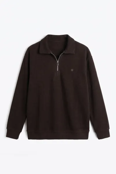 Kahverengi Selanik Yarım Fermuarlı Polo Yaka Erkek Sweatshirt 494486