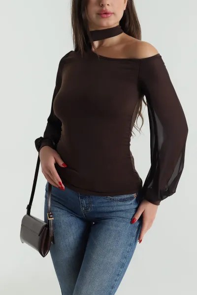 Kahverengi Şifon Kol Sandy Kadın Bluz 491343
