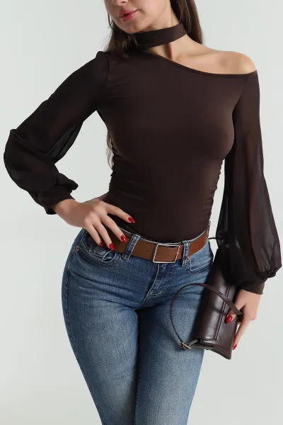 Kahverengi Şifon Kol Sandy Kadın Bluz 491343