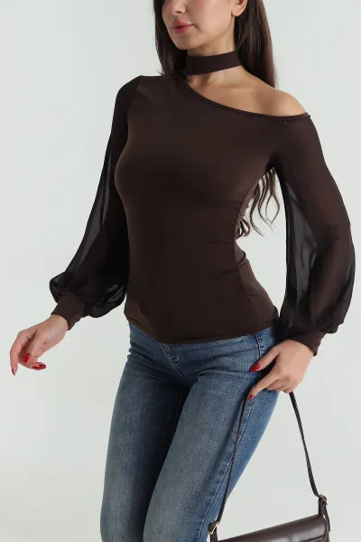 Kahverengi Şifon Kol Sandy Kadın Bluz 491343