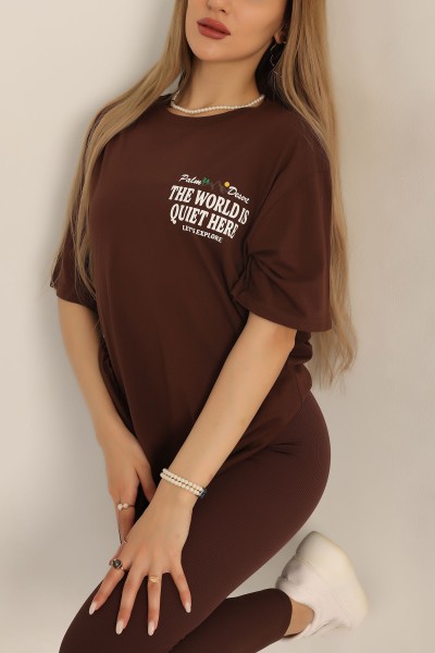 Kahverengi Sırt Baskılı Oversize Tişört 186537