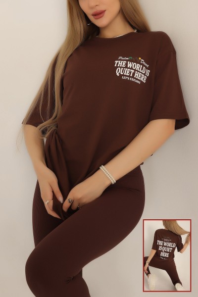 Kahverengi Sırt Baskılı Oversize Tişört 186537