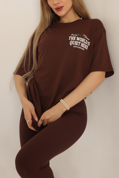 Kahverengi Sırt Baskılı Oversize Tişört 186537