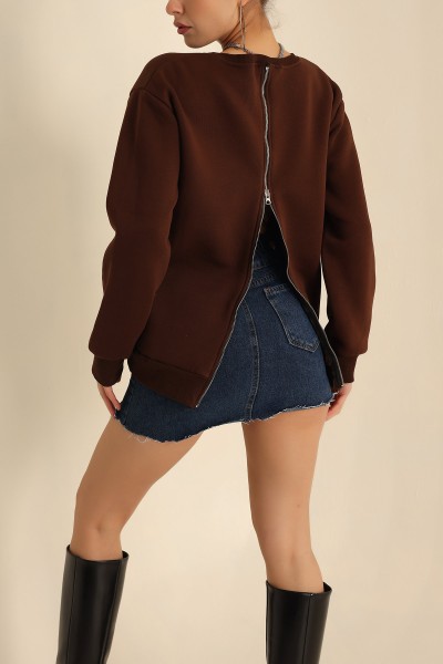 Kahverengi Sırtı Fermuarlı Şardonlu Sweat 222830