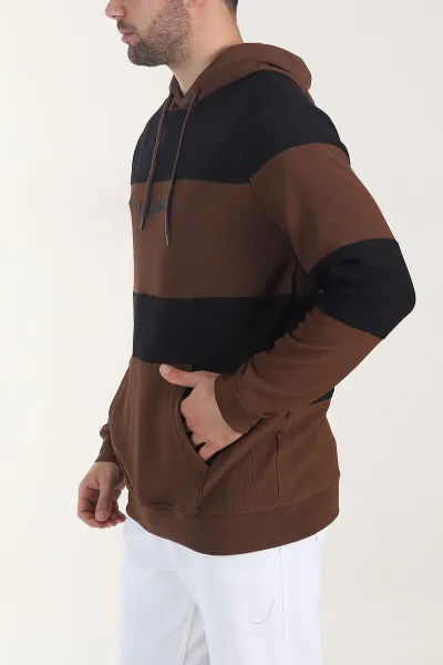 Kahverengi Siyah Cep Detaylı Yazılı Kapüşonlu Erkek Sweatshirt 408074