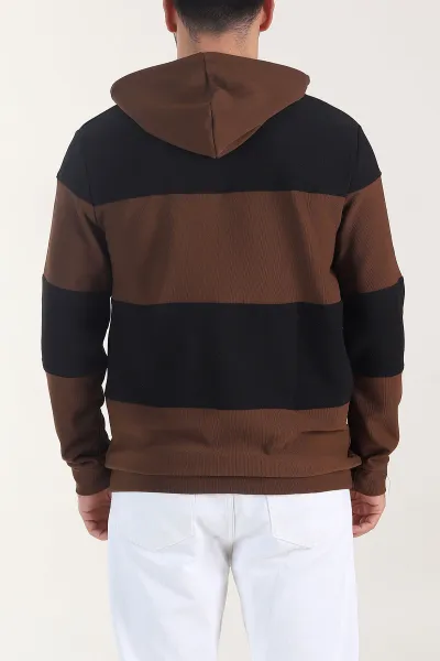 Kahverengi Siyah Cep Detaylı Yazılı Kapüşonlu Erkek Sweatshirt 408074