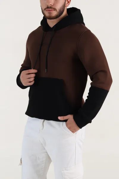 Kahverengi Siyah Üç İp Şardonlu Kapüşonlu Yazı Detaylı Erkek Sweatshirt 396152