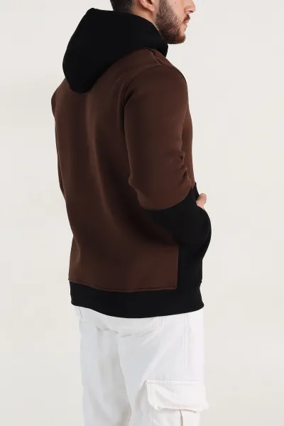 Kahverengi Siyah Üç İp Şardonlu Kapüşonlu Yazı Detaylı Erkek Sweatshirt 396152