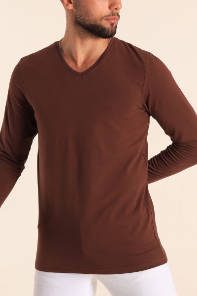 Kahverengi Slim Fit Basic V Yaka Likralı Uzun Kollu Erkek Tişört 199059