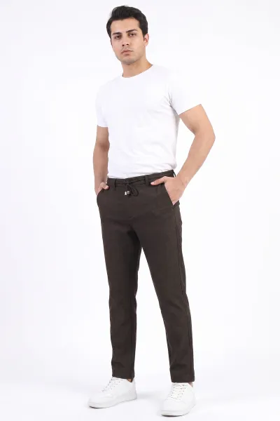 Kahverengi Slim Fit Belden Bağlamalı Erkek Pantolon 493149