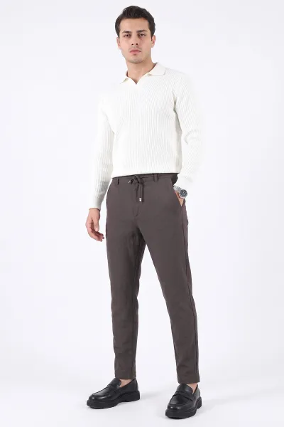 Kahverengi Slim Fit Belden Bağlamalı Erkek Pantolon 493198