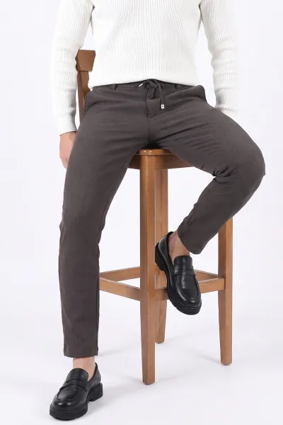 Kahverengi Slim Fit Belden Bağlamalı Erkek Pantolon 493198