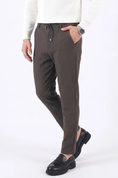 Kahverengi Slim Fit Belden Bağlamalı Erkek Pantolon 493198