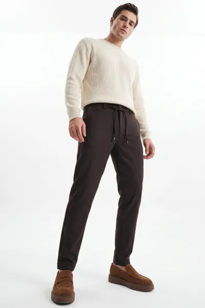 Kahverengi  Slim Fit Belden Bağlamalı Erkek Pantolon 493215